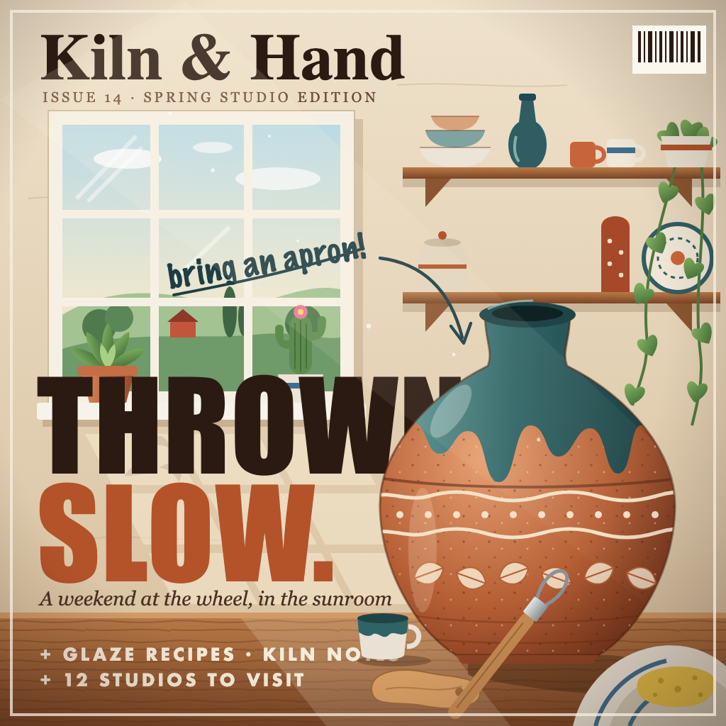Flattened Kiln and Hand cover with a studio interior, vase illustration and lettering